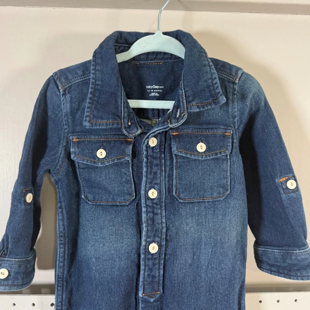 BabyGAP 1969 One-Piece Kids Blue Denim Stretch Long Sleeve Romper - 12-18 Months